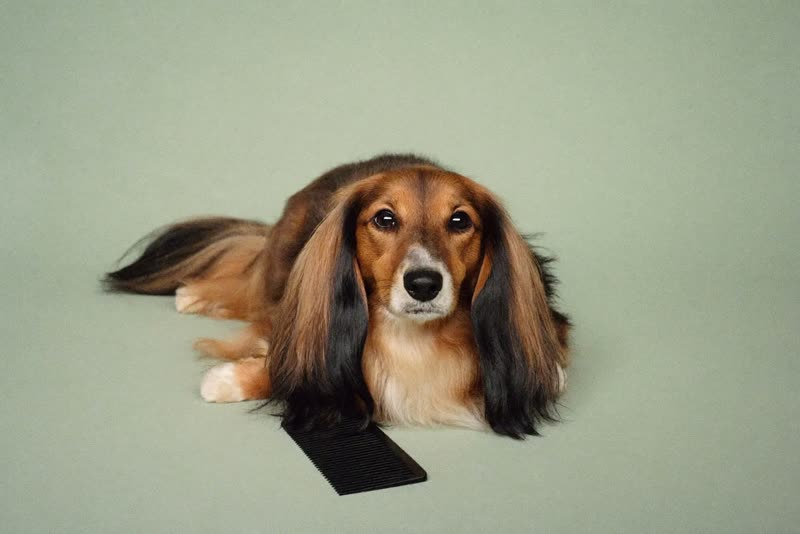 A long-coated dog with a brushed-out coat beside a comb