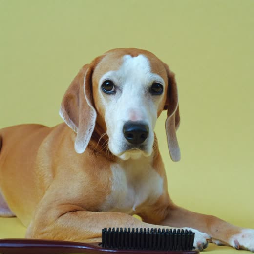 A short-haired dog with a smooth de-shed coat beside a brush